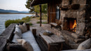 Rustic Lakeside Outdoor Fireplace Lounge with Scenic River View