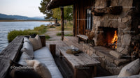 Rustic Lakeside Outdoor Fireplace Lounge with Scenic River View