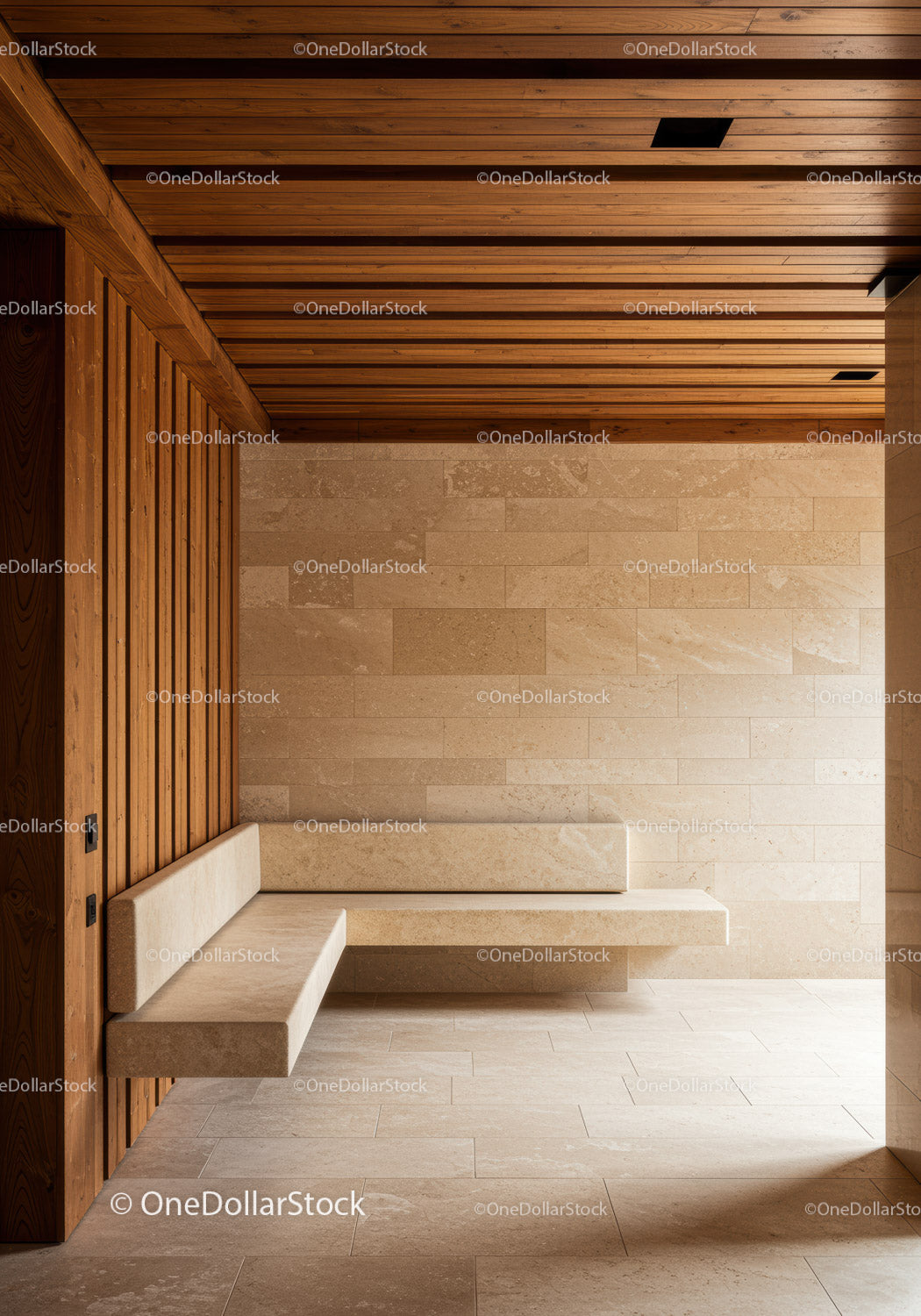 Contemporary Interior with Wooden Ceiling and Beige Stone Walls