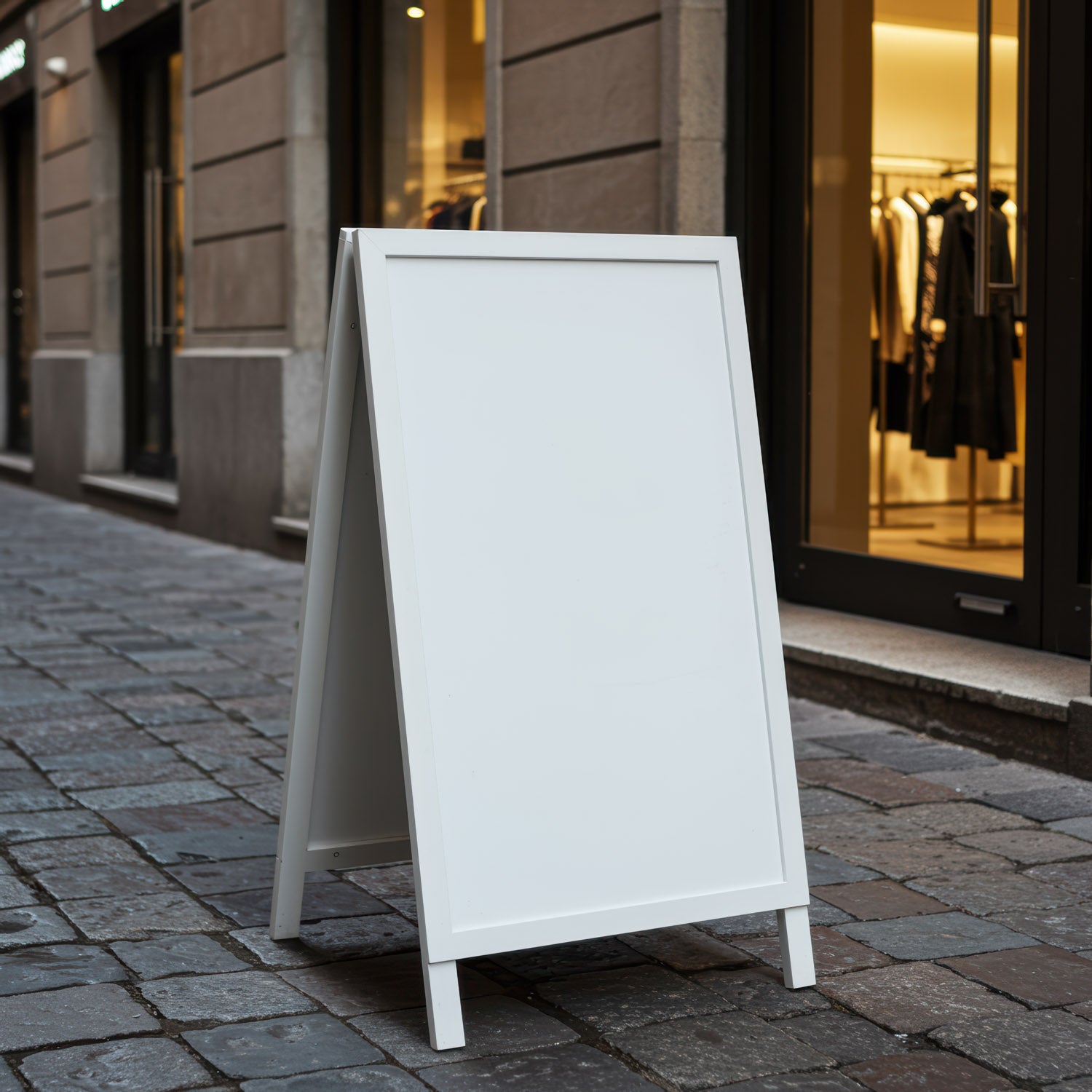 Blank white sidewalk sign outside city boutique store