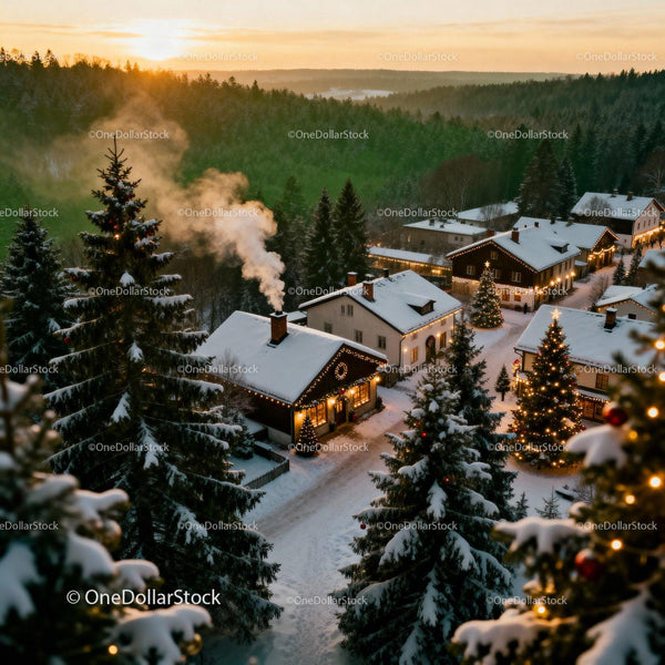Cozy snow-covered village decorated for Christmas evening