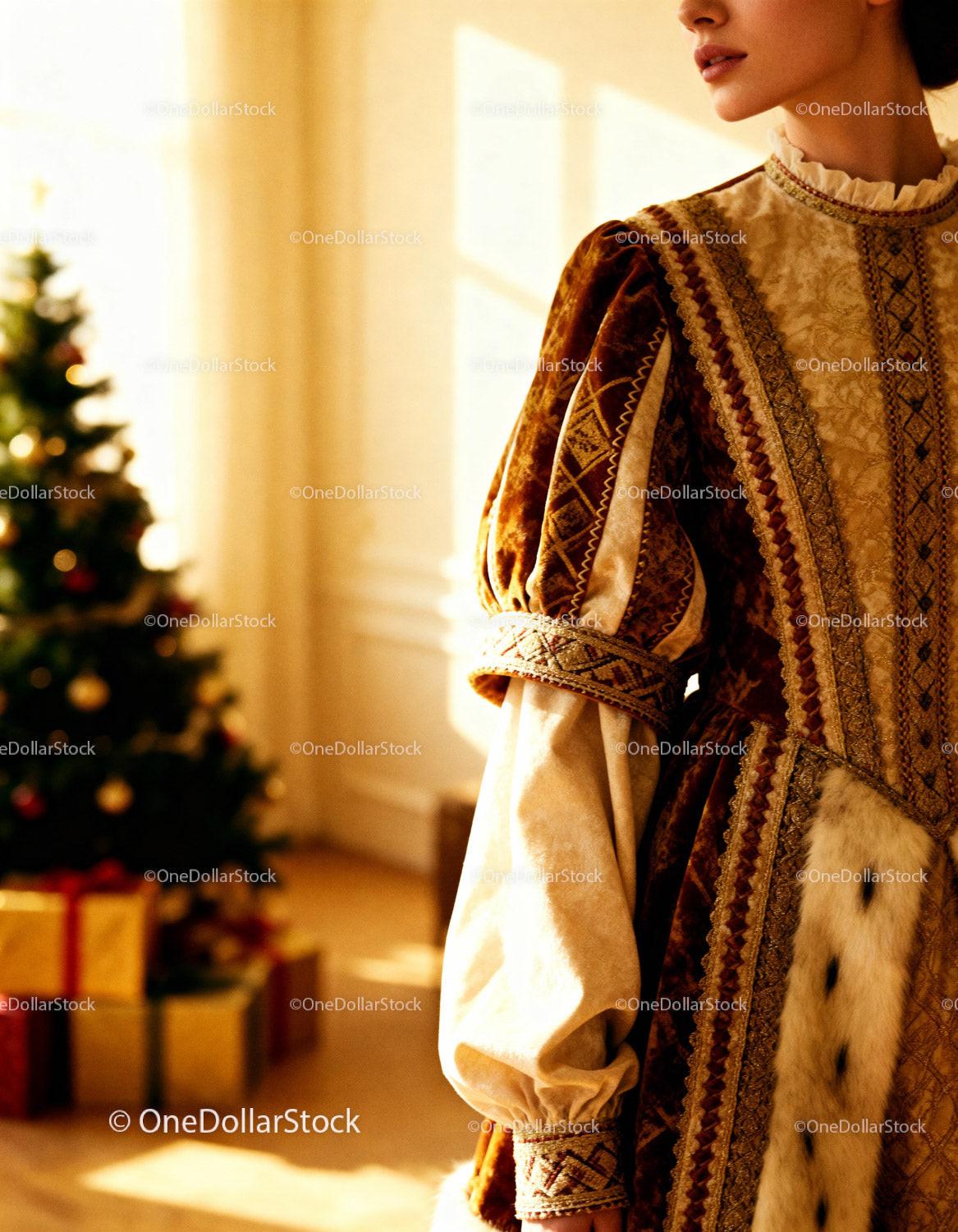 Woman in Vintage Dress Near Christmas Tree with Gifts