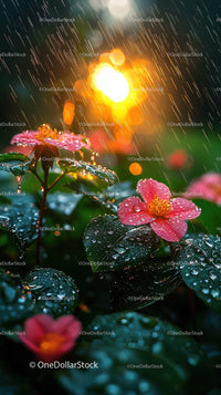 Pink Camellia Flower with Raindrops and Sunset Blurred Background