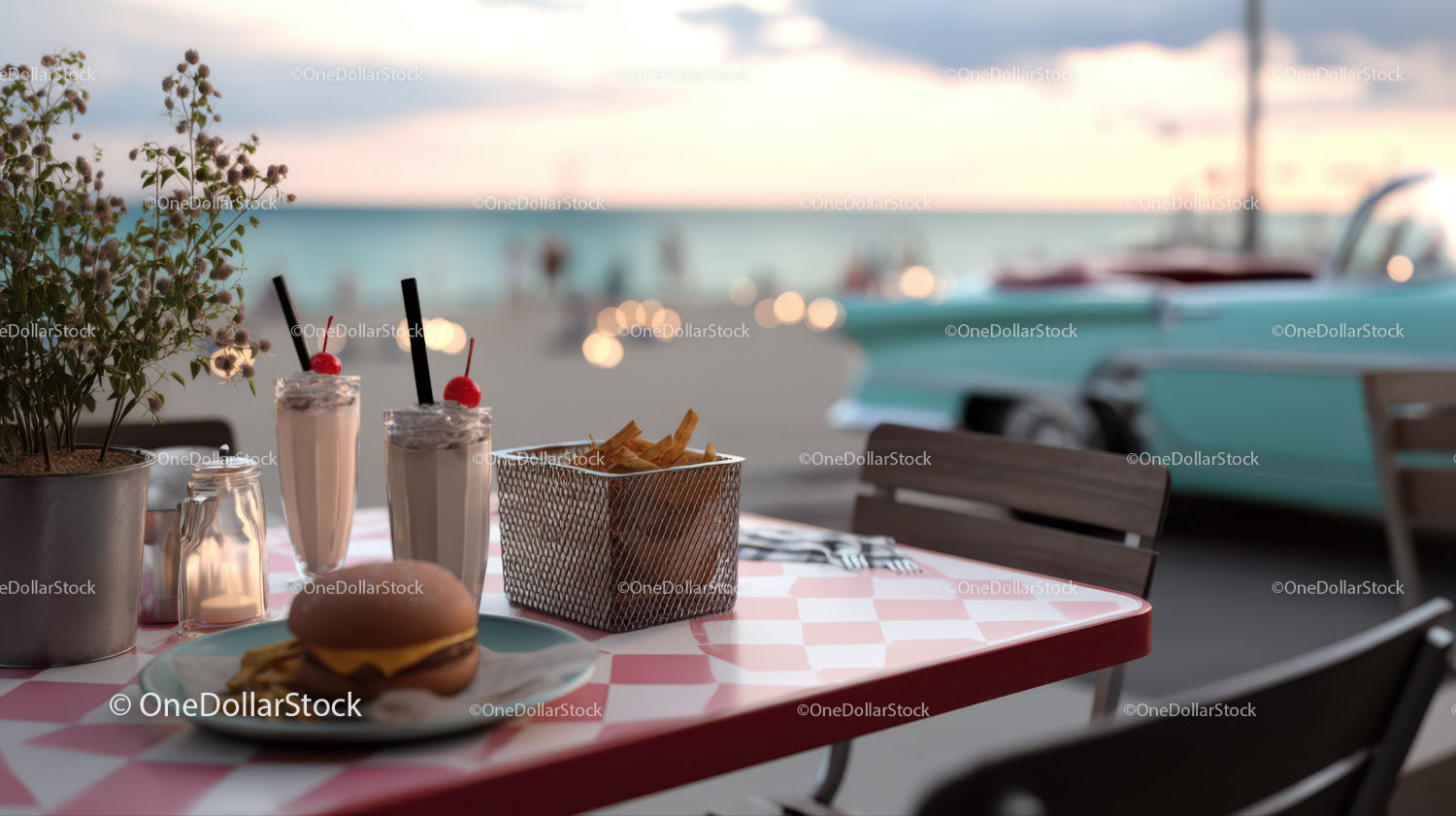 Beachside Cheeseburger French Fries and Milkshake with Classic Car