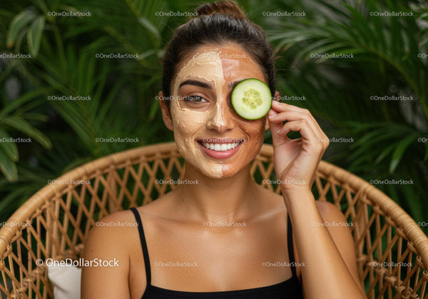 Smiling Woman with Facial Mask and Cucumber in Outdoor Spa Setting