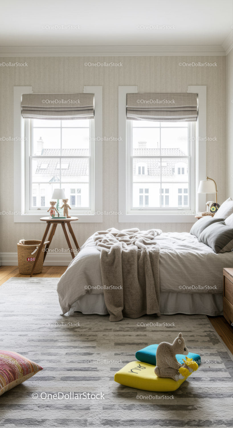 Bright Cozy Bedroom with Soft Blanket and Plush Toys in Natural Light
