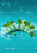 Fresh Mint Gum with Ice and Leaves on Blue Surface