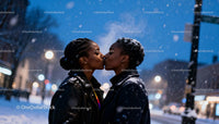 Couple sharing a tender kiss on snowy winter evening