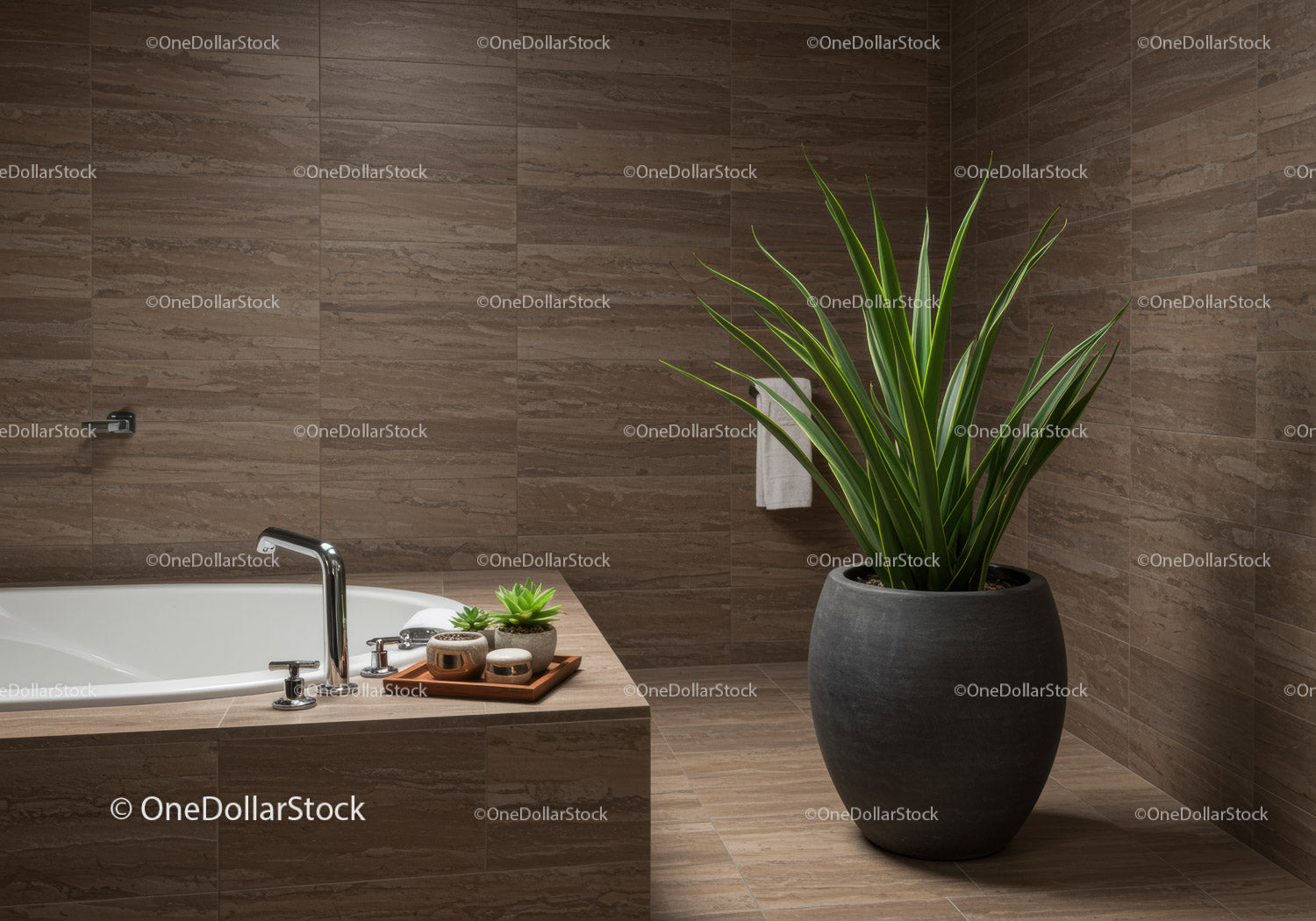 Lush Green Plant in a Modern Bathroom with Wooden Tiles