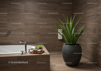 Lush Green Plant in a Modern Bathroom with Wooden Tiles