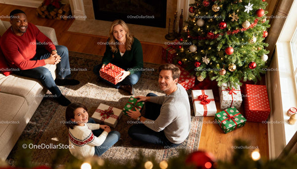 Family Unwrapping Christmas Gifts by Decorated Tree