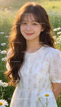 Smiling young woman in floral dress in wildflower field