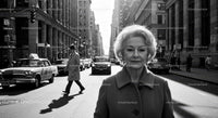 Elderly Woman in Busy City Street Surrounded by Vintage Cars