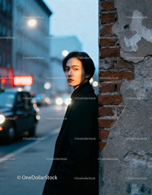 Young man leaning on brick wall in evening city light