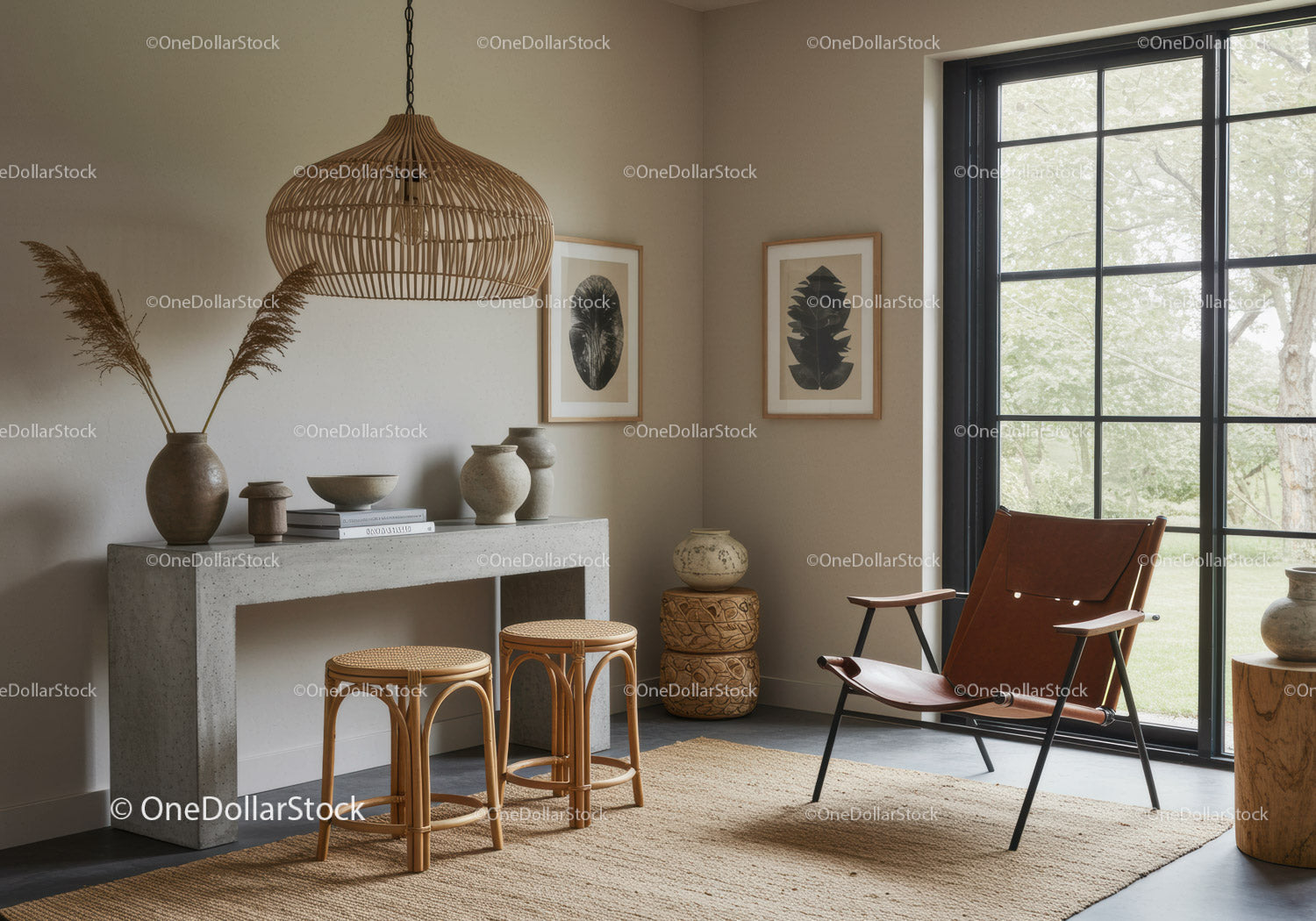 Modern living room with rattan stools and leather chair