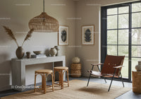 Modern living room with rattan stools and leather chair