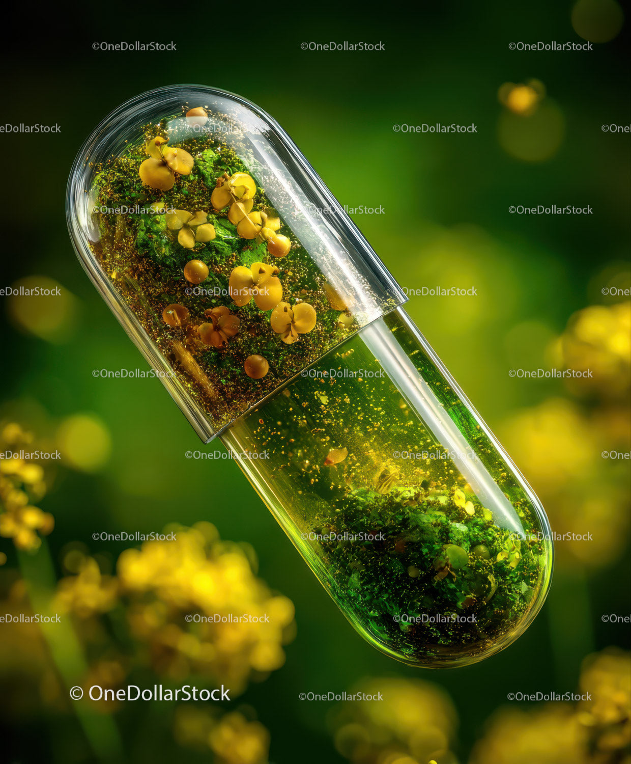Herbal Capsule with Green Moss and Yellow Flowers in Natural Setting