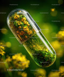 Herbal Capsule with Green Moss and Yellow Flowers in Natural Setting