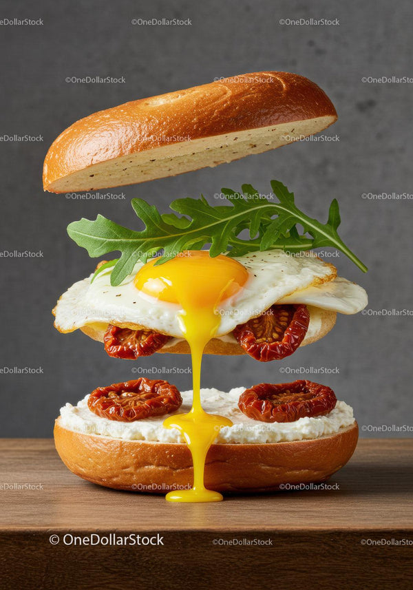 Delicious fried egg sandwich with sun-dried tomatoes and arugula