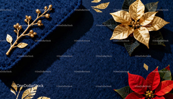 Elegant golden and red poinsettias on deep blue fabric