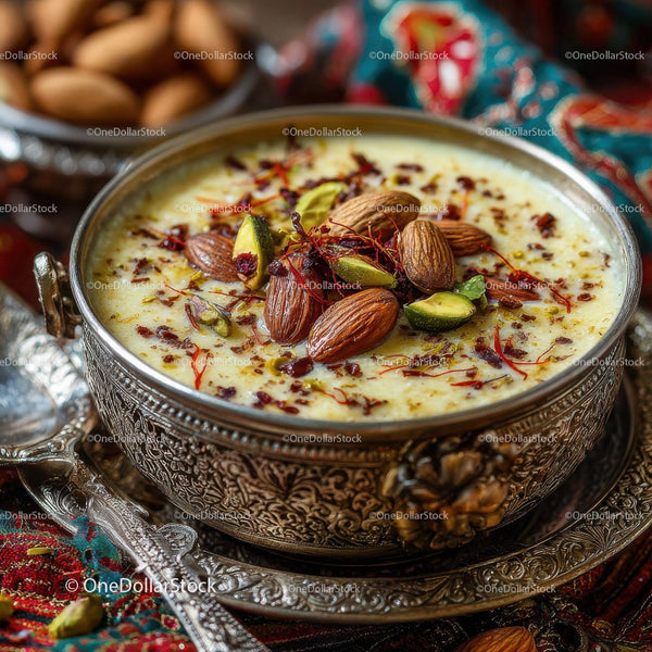 Decorative Silver Bowl Filled with Creamy Saffron Custard Topped with Nuts