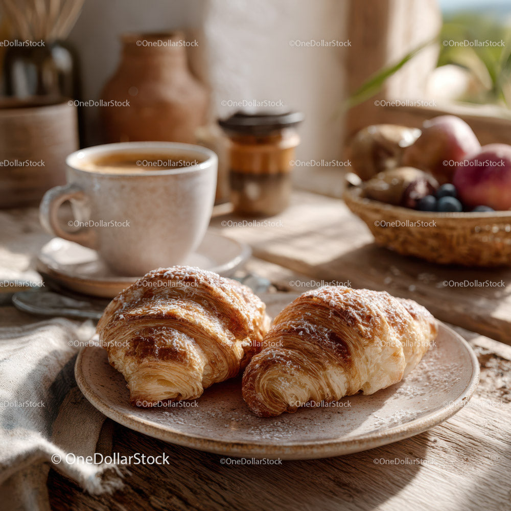 Fresh Croissants and Coffee on Rustic Wooden Table for Breakfast