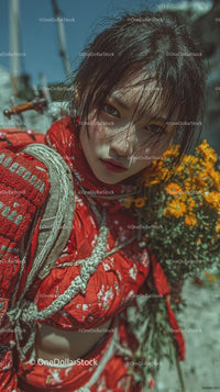 Young Woman in Red Floral Dress with Wet Hair Outdoor Portrait