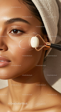 Young Woman Relaxing with Facial Roller for Skincare Routine