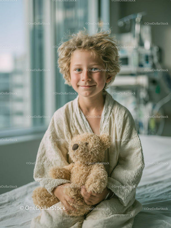 Cheerful Young Boy in Hospital Room Holding Teddy Bear