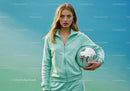 Young Woman in Mint Green Tracksuit Holding Disco Ball in Studio