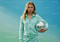 Young Woman in Mint Green Tracksuit Holding Disco Ball in Studio
