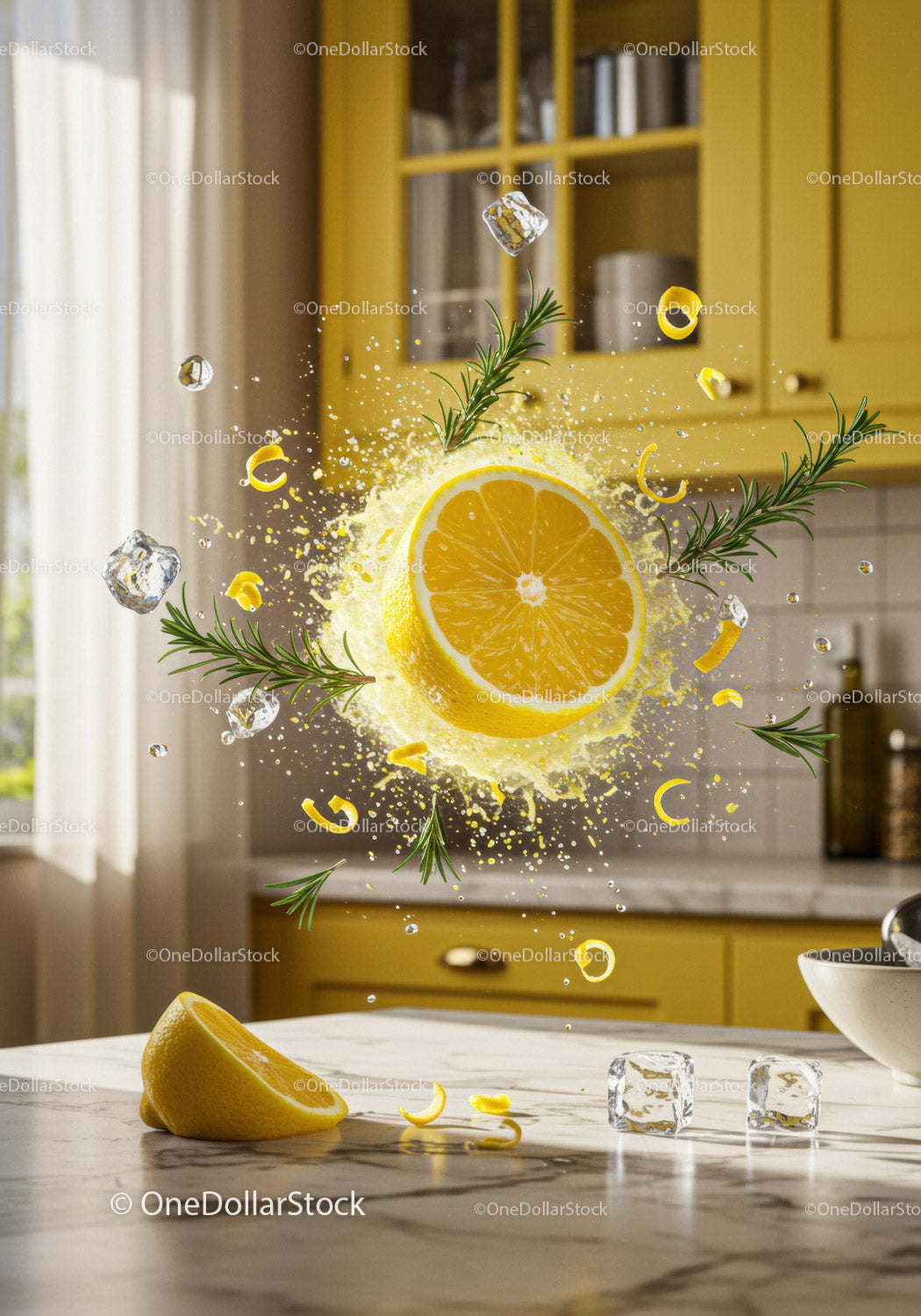 Fresh lemon slice bursting with herbs and ice cubes