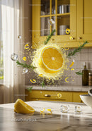 Fresh lemon slice bursting with herbs and ice cubes