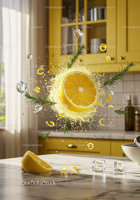 Fresh lemon slice bursting with herbs and ice cubes