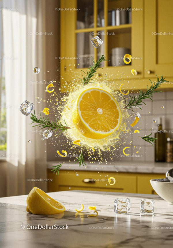 Fresh lemon slice bursting with herbs and ice cubes