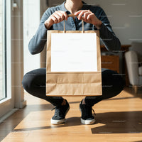 Person Holding Brown Paper Bag with Blank Label Indoors