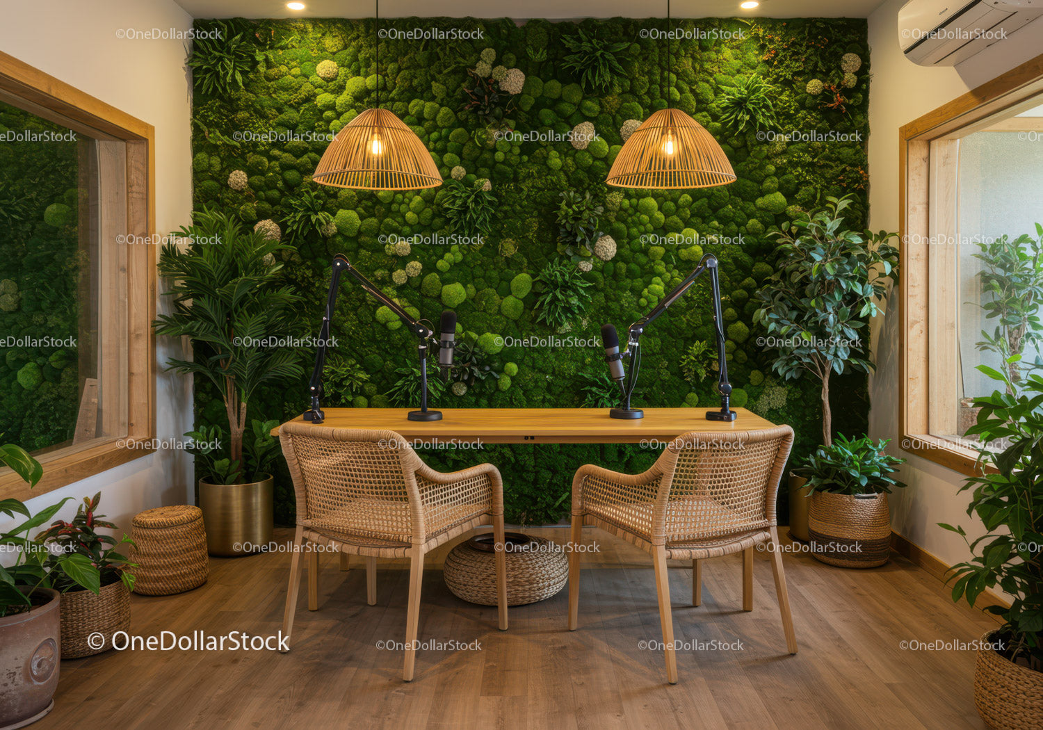 Modern Recording Studio with Green Plant Wall and Natural Decor