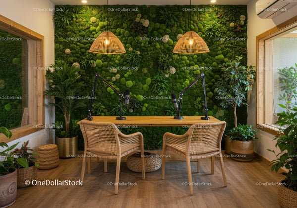 Nowoczesne Studio Nagrań z Zieloną Ścianą Roślinną i Naturalnym Dekorem