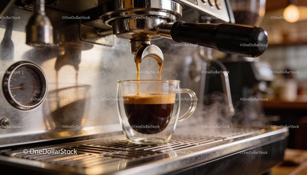 Fresh espresso pouring from professional coffee machine