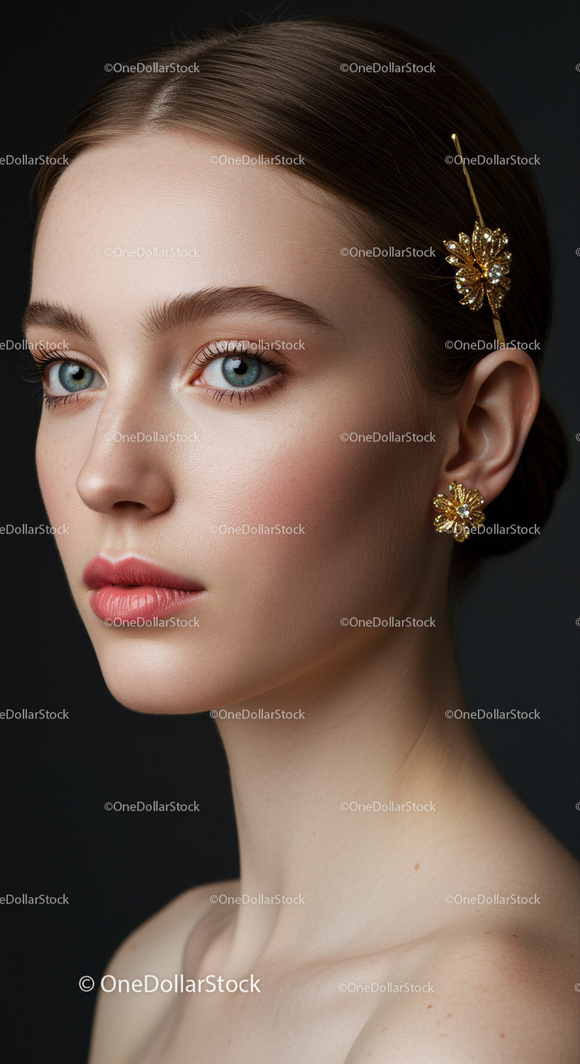 Elegant Portrait of a Woman with Gold Floral Jewelry and Blue Eyes