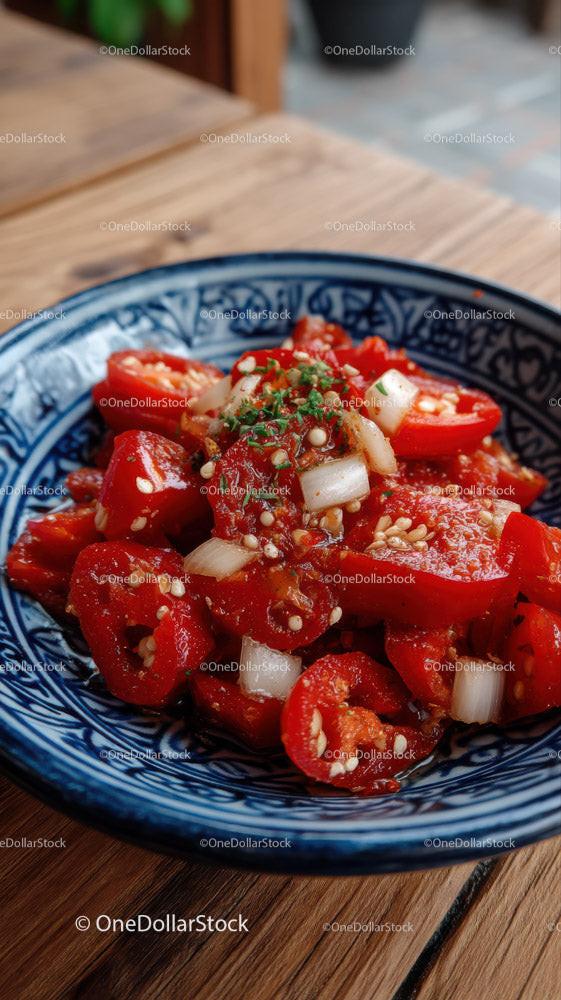 Fresh Red Pepper Salad with Sesame Seeds and Chopped Onions