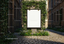 Blank urban billboard framed by greenery and flowers