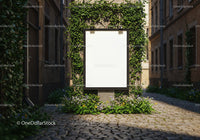 Blank urban billboard framed by greenery and flowers