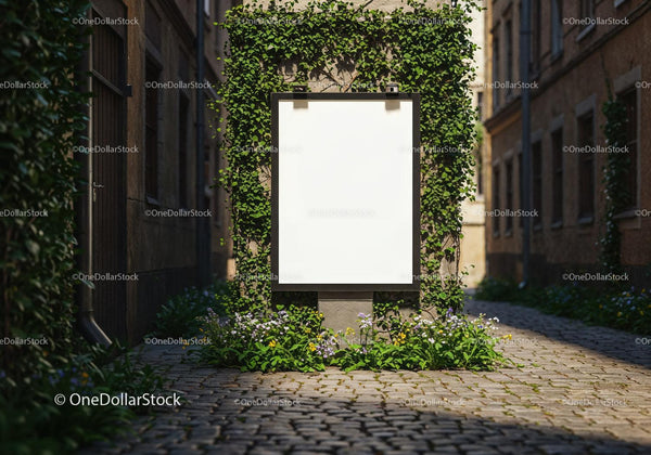 Blank urban billboard framed by greenery and flowers JPG Mockup Image