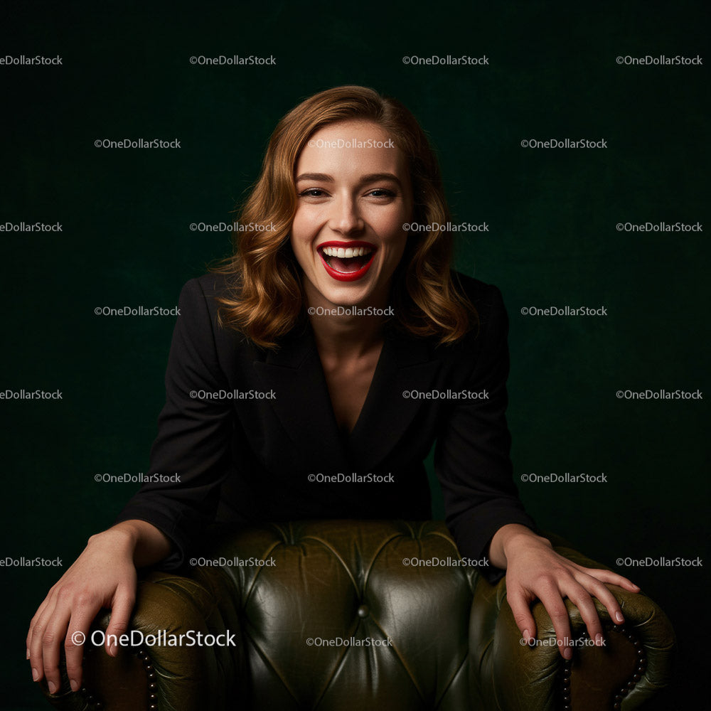 Confident Smiling Woman in Stylish Attire Sitting on Leather Sofa