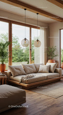 Cozy beige sofa by large windows with natural decor