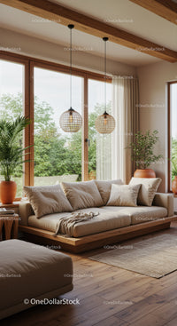 Cozy beige sofa by large windows with natural decor