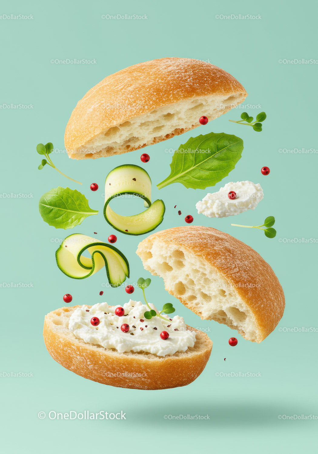 Fresh sandwich ingredients floating on pastel background