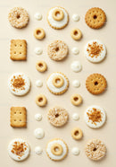 Assorted cookies and cream drops arranged on beige surface