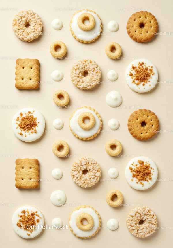 Assorted cookies and cream drops arranged on beige surface